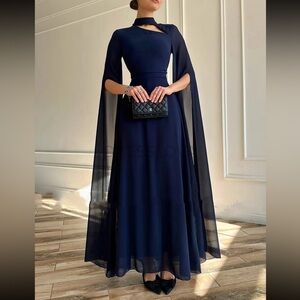 Elegant Navy Long Cape Evening Dress